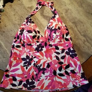 Lands End Halter Tankini Top Pink Floral 10 EUC